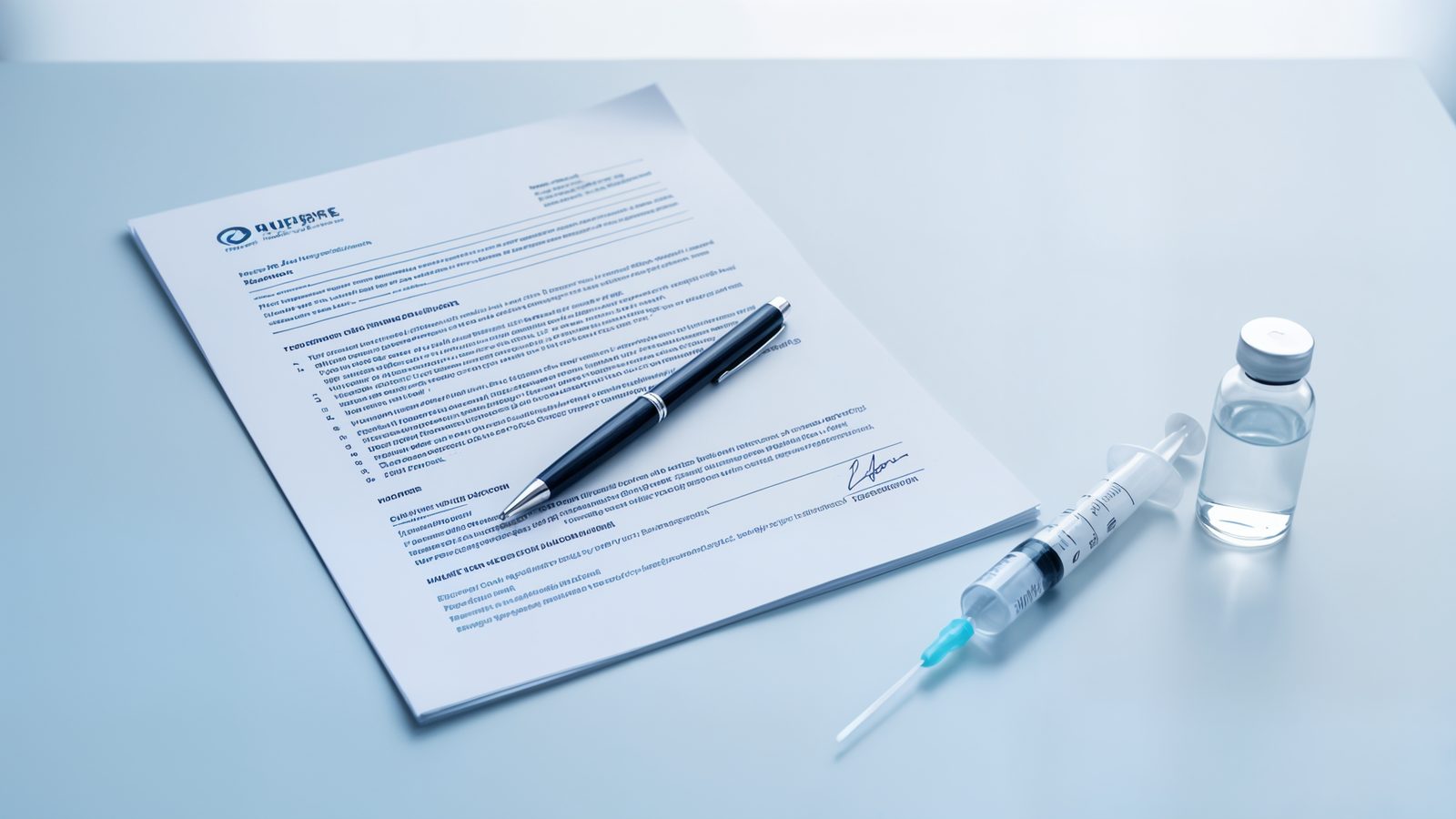 Contrat Pfizer imprime, stylo et seringue medicale : illustration de l'absence de garantie de resultat dans les contrats vaccinaux