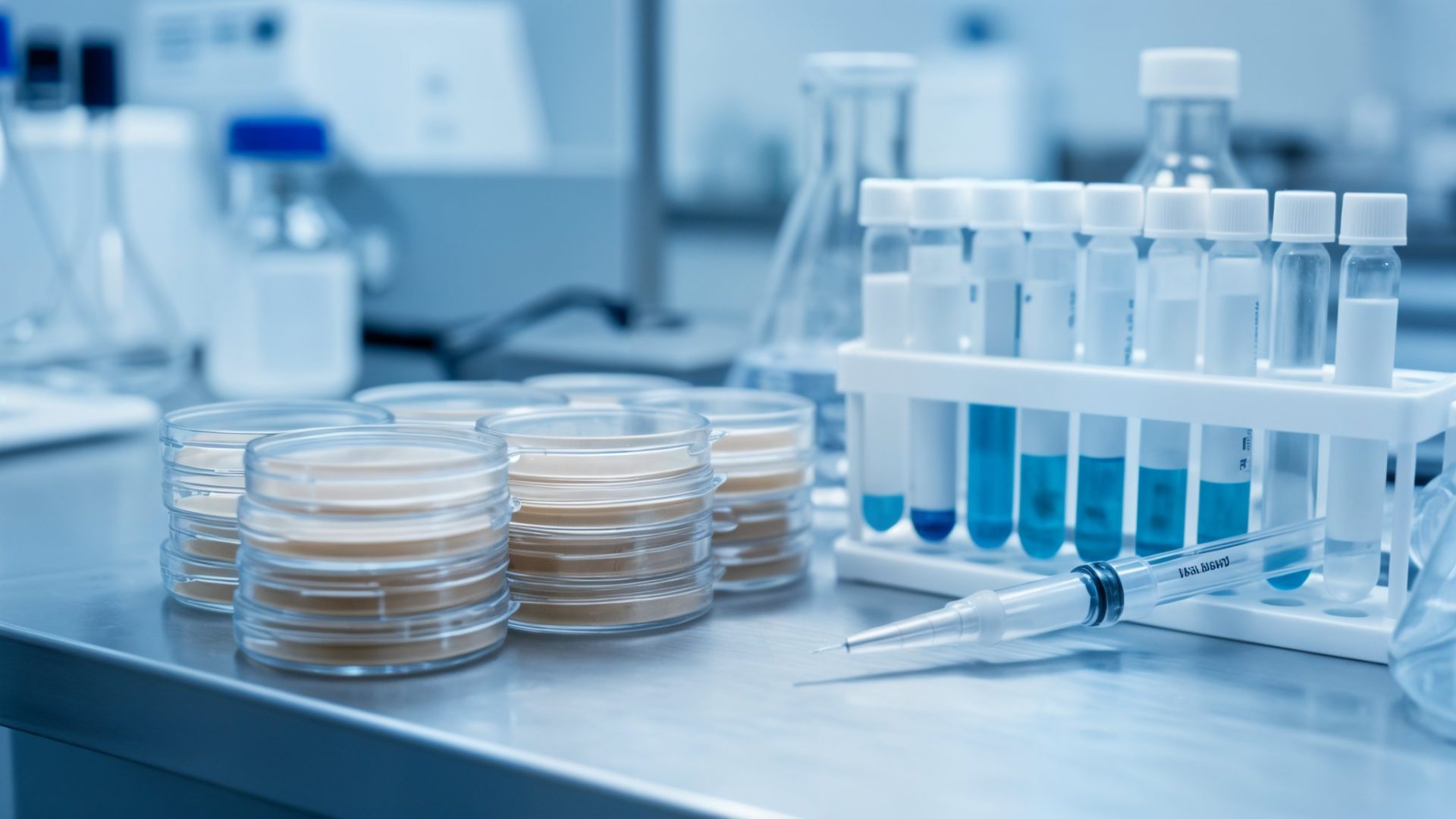 Boites de Petri, tubes d'echantillons et seringue dans un laboratoire de virologie