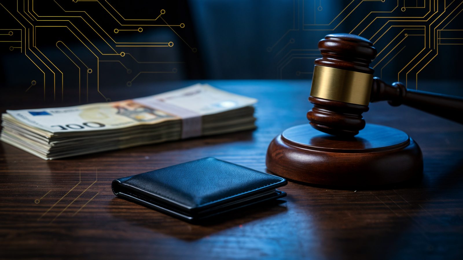 Portefeuille crypto (hardware wallet) et maillet de juge : illustration du piratage des portefeuilles Ledger