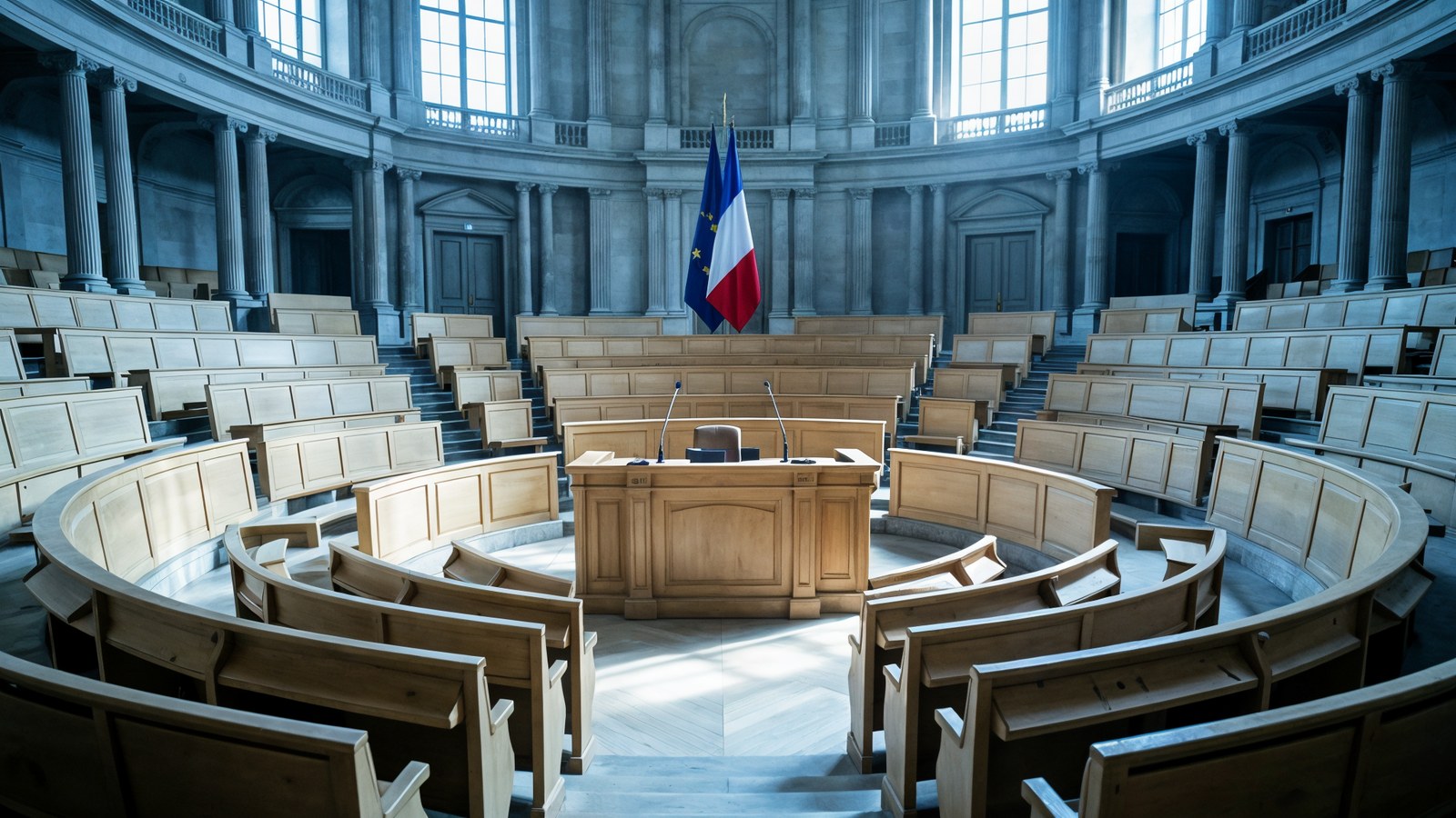 Hemicycle de l'Assemblee nationale, pupitre et drapeau tricolore